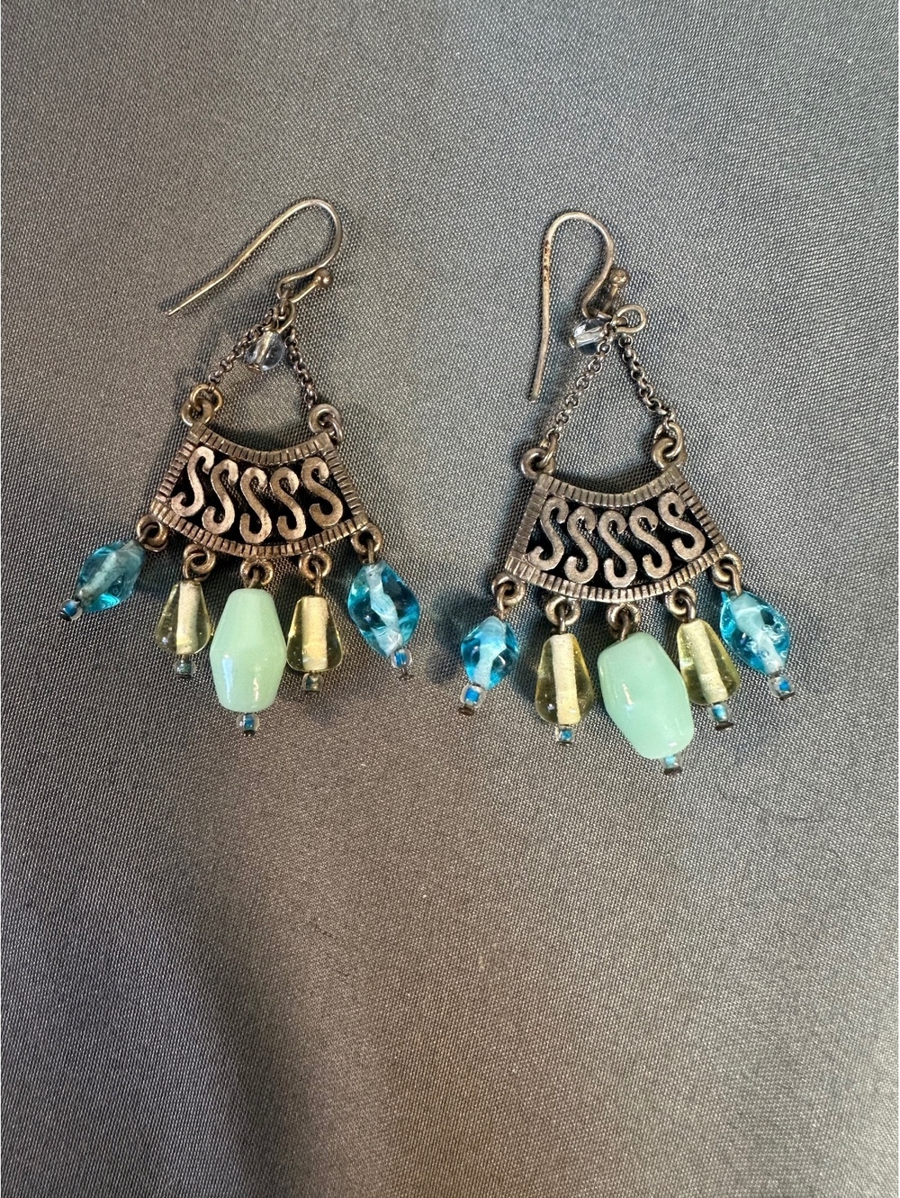 S Blue Beaded Chandelier Earrings